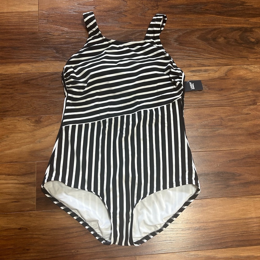 Lands’ End Black and White Striped Swimsuit